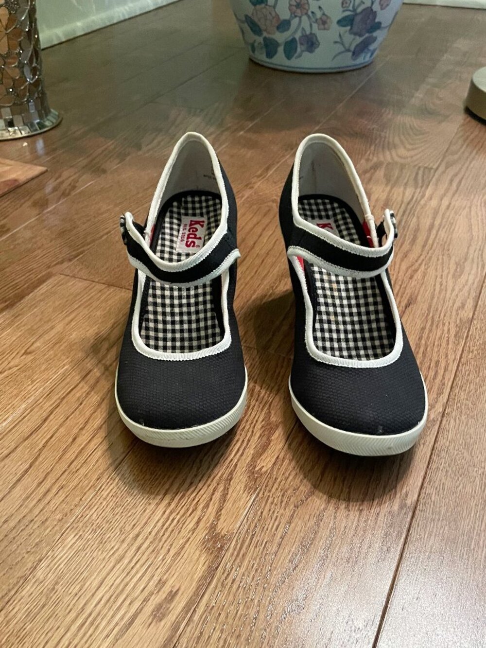 Keds Gingham Black White Mary Jane Wedge Heels Size 7